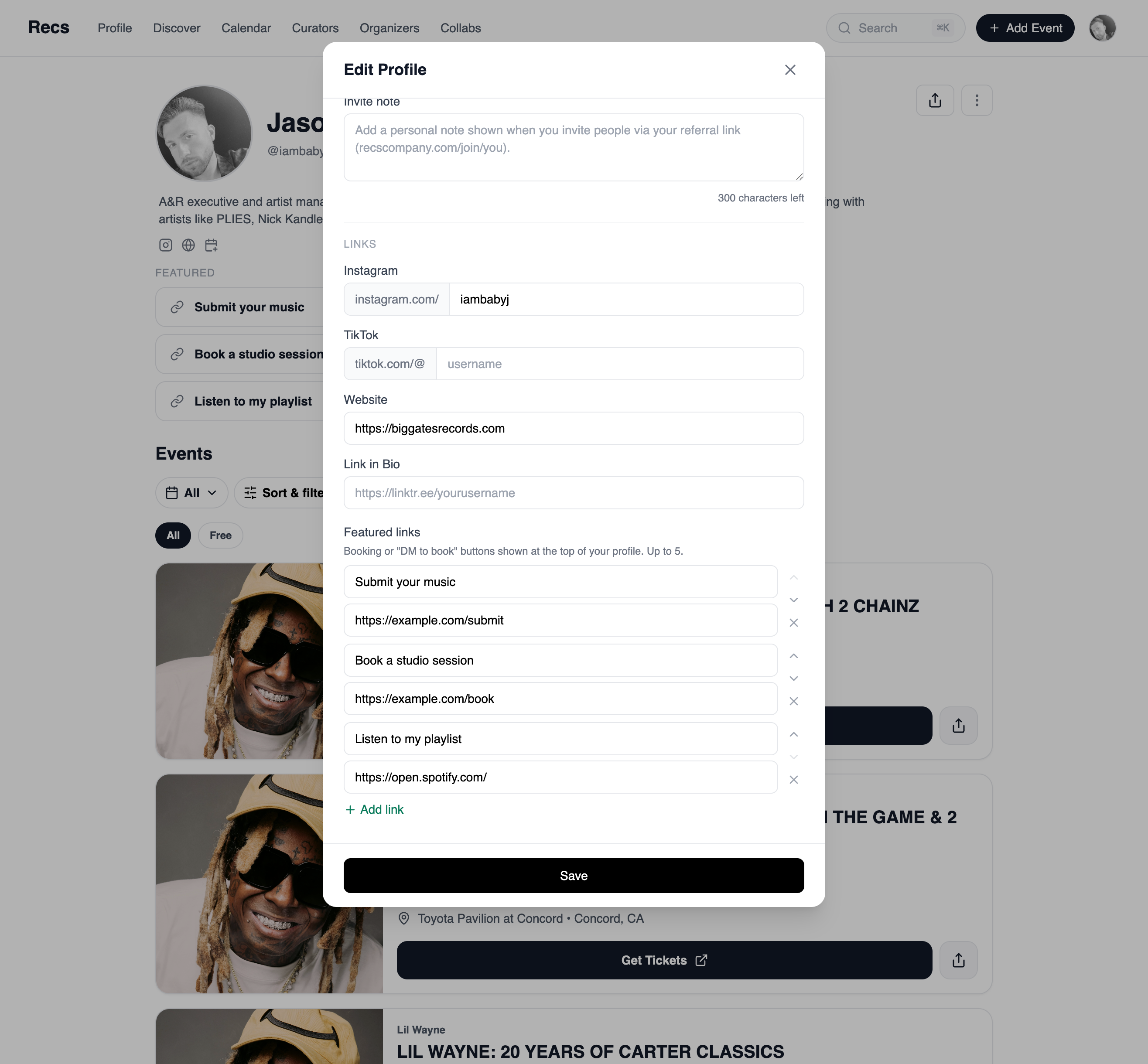 The Recs profile editor showing the featured-links add and reorder controls