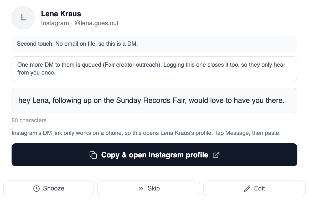 A single DM card in the Recs queue for Lena Kraus on Instagram, with a note that one more DM to them is queued and that logging this one closes it too, the draft message, and a Copy and open Instagram profile button